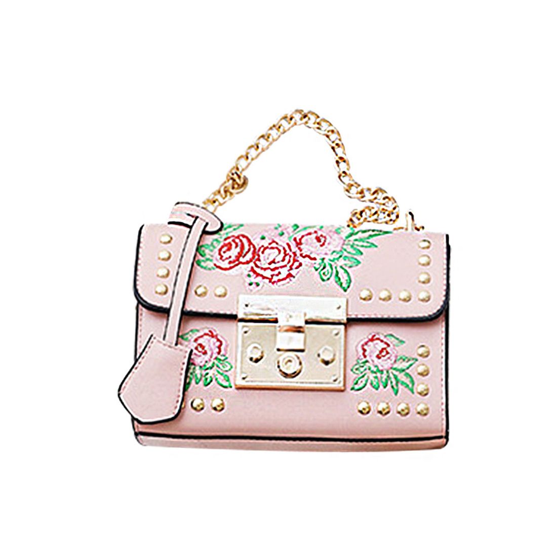 new PU leather handbag Messenger bag embroidery rivets lock embroidery chain bag tide national wind small square bag - ebowsos