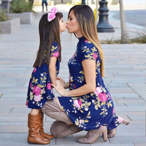 Family Matching Dress Mother Daughter Floral Dresses Short Sleeve Flower Sundress for Kid Women Loose Clothes - ebowsos