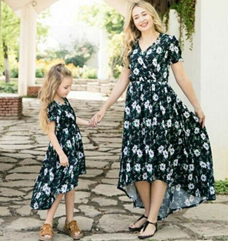 Family Matching Dress Mother and Daughter Flroal Dress Evening Cocktail Party Dresses Maxi Summer - ebowsos