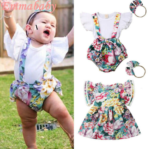 Family Matching Outfits Baby Girl Sister Matching Clothes Flower Sunsuit Dress Headband Outfits 0-4Y - ebowsos