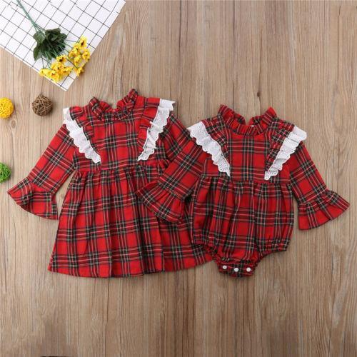 Family Matching SistersLovely Kids Baby Girls Lace Plaids Romper Jumpsuit and Dress Outfits Clothes - ebowsos