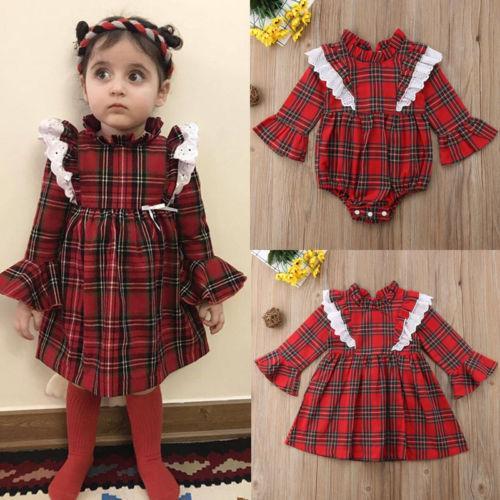 Family Matching SistersLovely Kids Baby Girls Lace Plaids Romper Jumpsuit and Dress Outfits Clothes - ebowsos