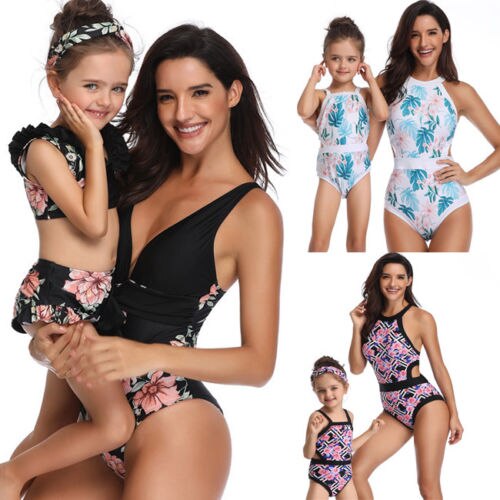 Family Matching Swimwear Mother Daughter Women Kids Floral Two Piece Bikini UK - ebowsos