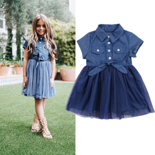 Fashion Baby Pirncess Dress Baby Floral Girls Lace Jeans Short Sleeve Princess Denim Dress 2-7Y - ebowsos