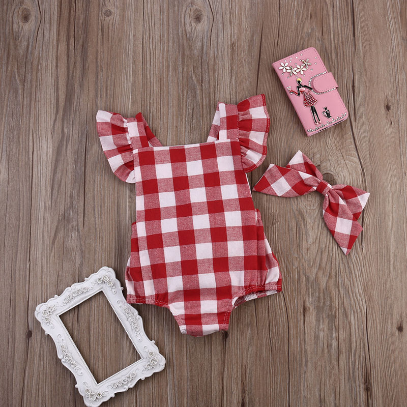 Fashion British Style Red Plaid Baby Girls Bodysuit Jumpsuit Plaid Back Cross Short Sleeve Baby Girls Clothes Red 0-18M - ebowsos