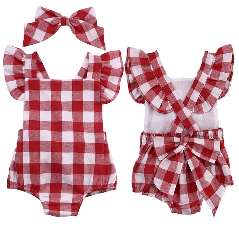 Fashion British Style Red Plaid Baby Girls Bodysuit Jumpsuit Plaid Back Cross Short Sleeve Baby Girls Clothes Red 0-18M - ebowsos