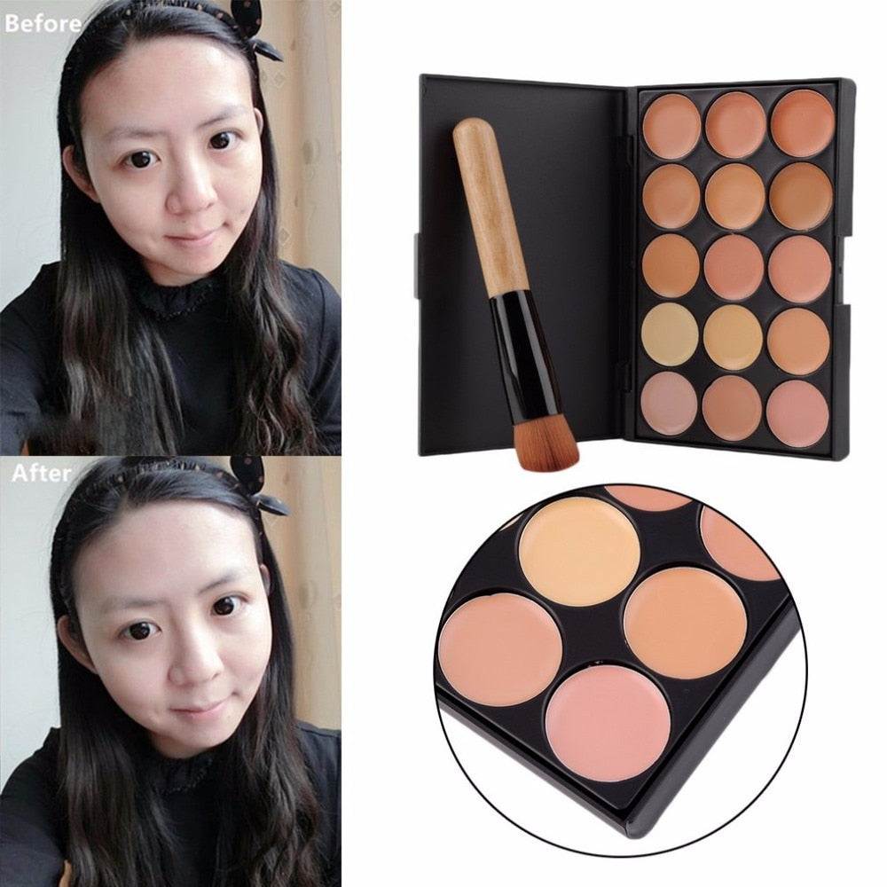 Fashion Full Professional Makeup Set Kit 15 Colors Face Makeup Concealer Palette + Wood Handle Flat Angled Brush - ebowsos