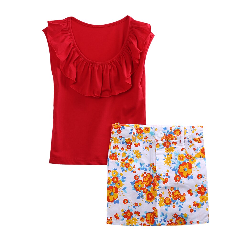 Fashion Kids Baby Girls 2pcs Sleeveless Cotton Cute Outfits Red Tops+Floral Mini Skirts Party Set 1-7Y - ebowsos