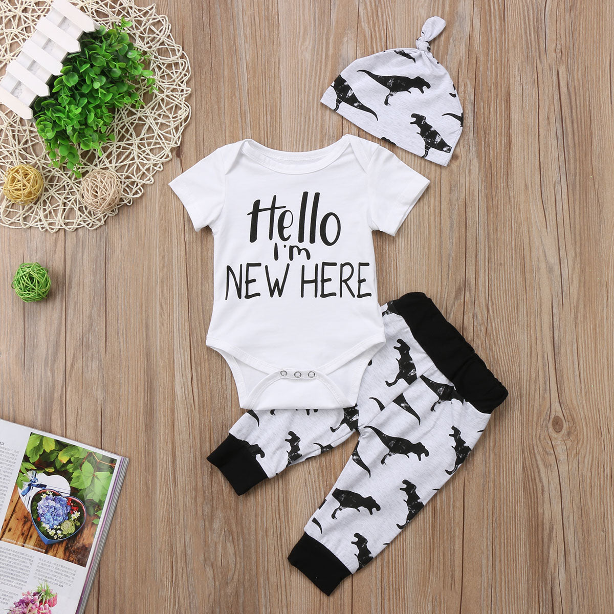 Fashion Letter Newborn Baby Kids Boys Girls Short Sleeve Clothes Dinosaur Romper Tops+Long Pants+Hat Outfit 0-24M - ebowsos