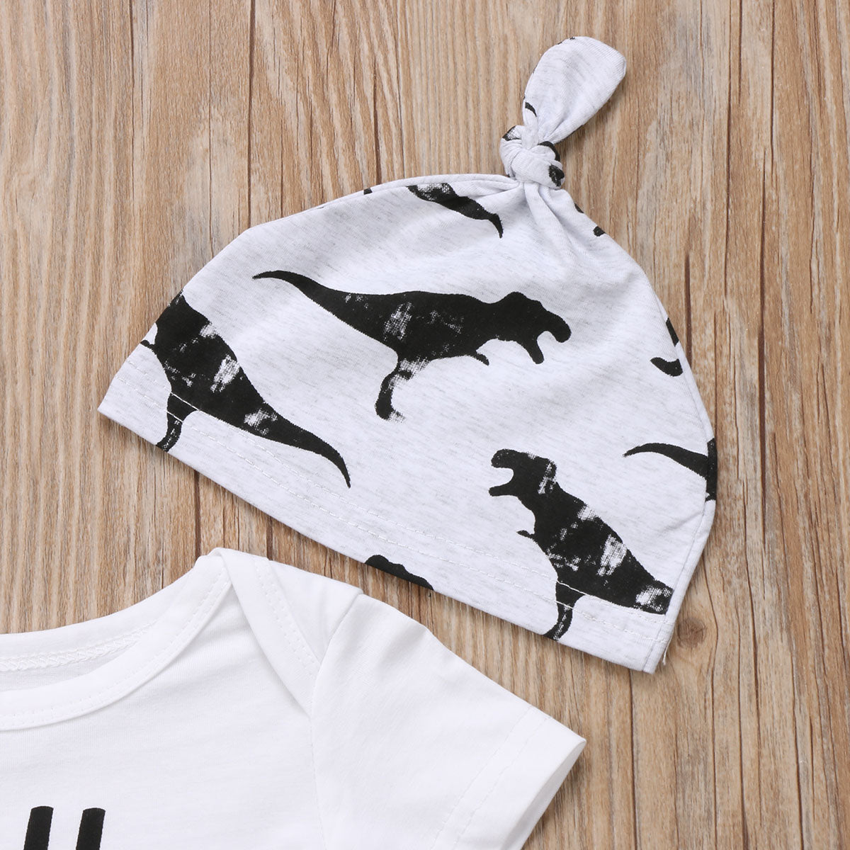 Fashion Letter Newborn Baby Kids Boys Girls Short Sleeve Clothes Dinosaur Romper Tops+Long Pants+Hat Outfit 0-24M - ebowsos
