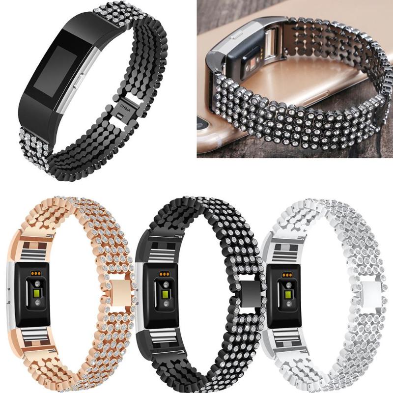 Fashion Smartband Belt Five Row Crystal Beads 361L Steel Watch Band Bracelet Strap Replacement for Fitbit Charge 2 Smart Watch - ebowsos