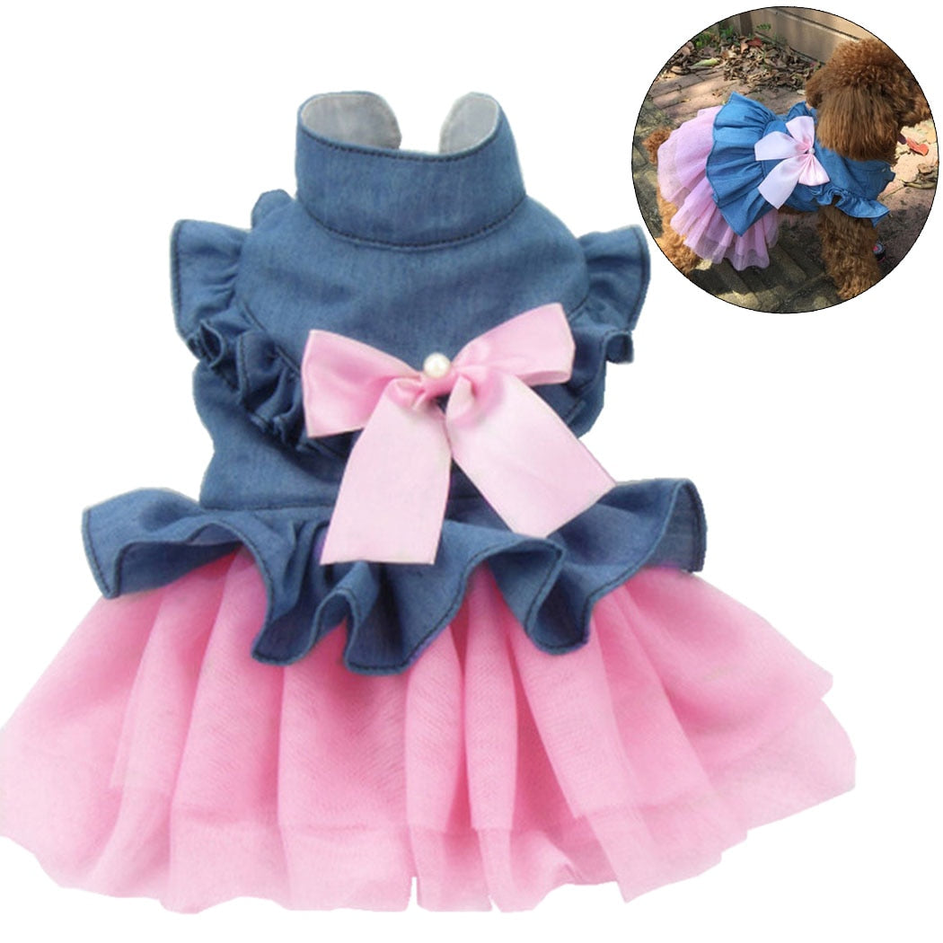 Fashion Spring And Summer Dog Wedding Dress Jean Summer Dog Clothes Cute Bow Princess Puppy Skirt Pet Clothing Accessories-ebowsos