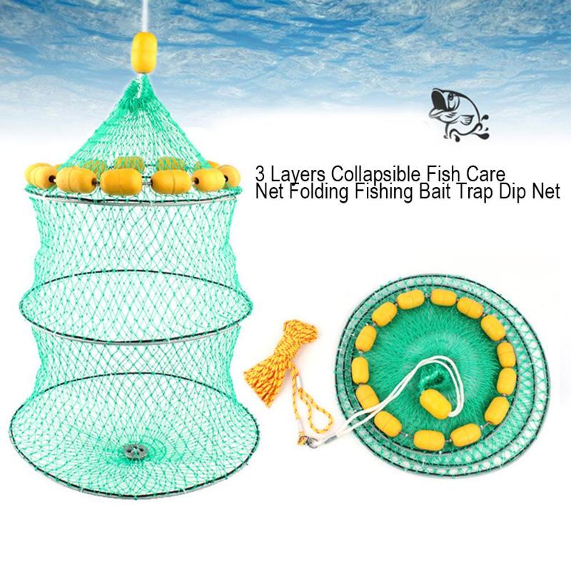 Fish Cage Fishing Net Portable 3 Layers Collapsible Mesh Fish Trap Cage Folding Fishing Net-ebowsos