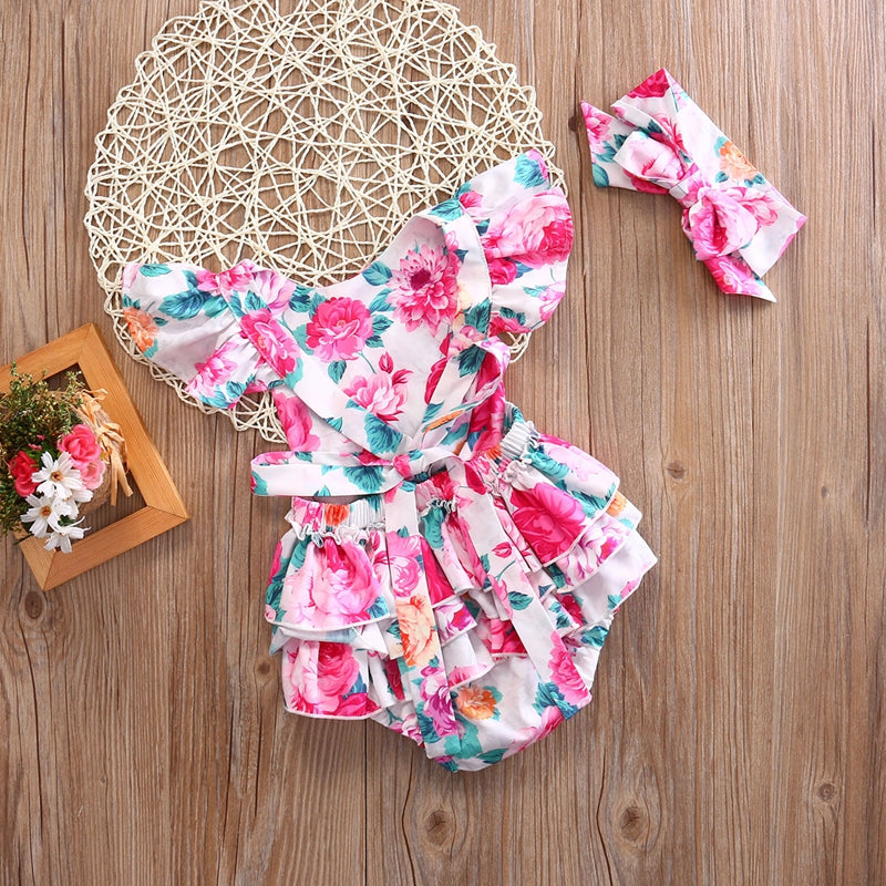 Floral Girls Bodysuits Kids Baby Girls Clothes Floral Ruffled Summer Jumpsuit Sunsuit One-Piece Children Clothing 0-2T - ebowsos
