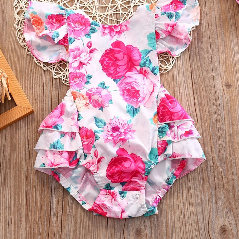 Floral Girls Bodysuits Kids Baby Girls Clothes Floral Ruffled Summer Jumpsuit Sunsuit One-Piece Children Clothing 0-2T - ebowsos