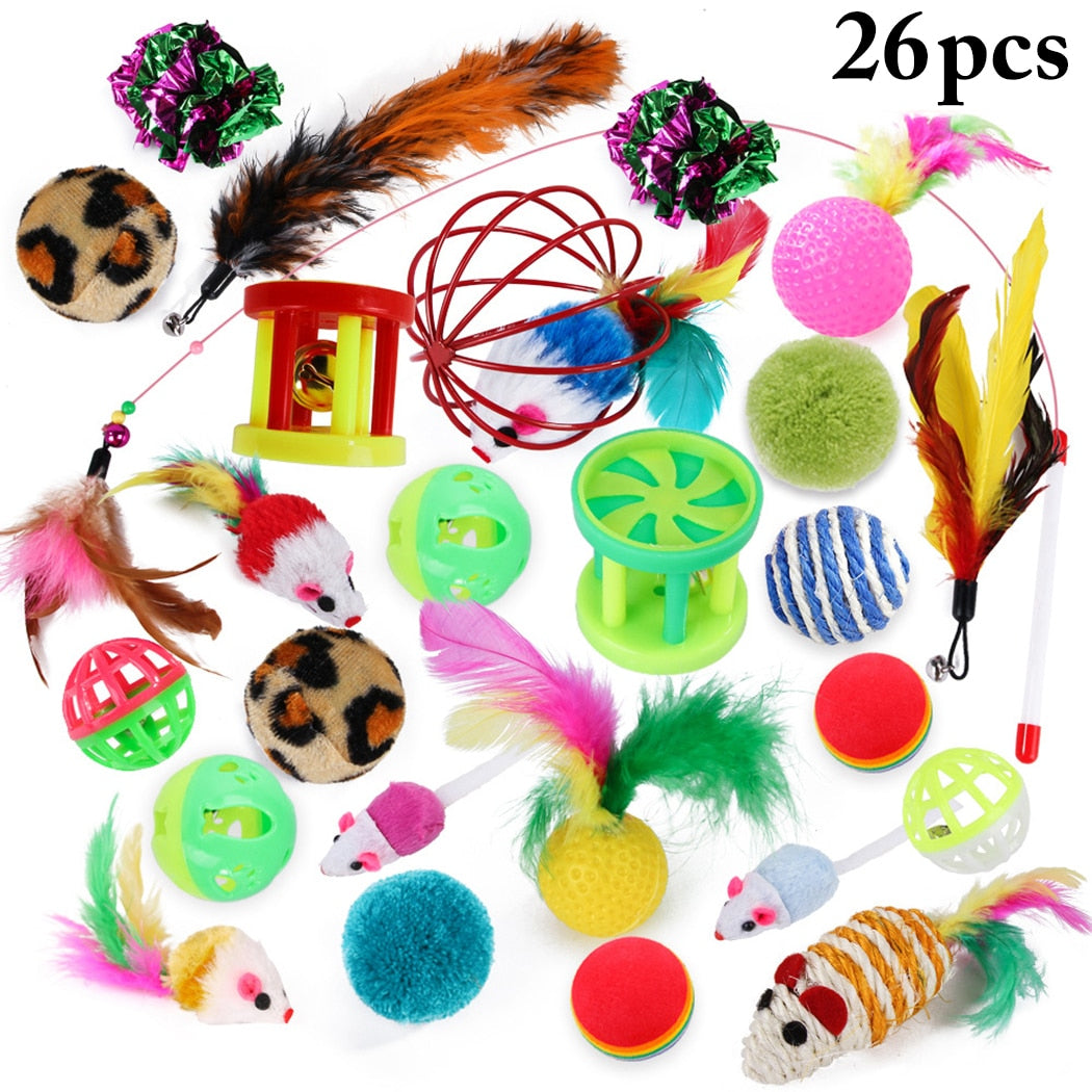 Funny Cat Stick Bell Ball Feather Toy 26PCS Cat Toy Set Creative Assorted Cat Interactive Toy Cat Play Toy For Kittens-ebowsos