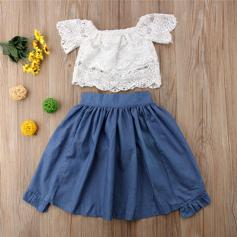 Girl Kid Lace Clothes Off-shoulder T shirt Top Pants Bowknot Dress Party Outfits Babys Summer Fashion Cute Baby Clothing Sets - ebowsos