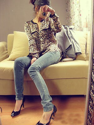 S/M/L plus size New Women Chiffon Leopard Print Summer long sleeve Shirt Top Button Down Blouse - ebowsos