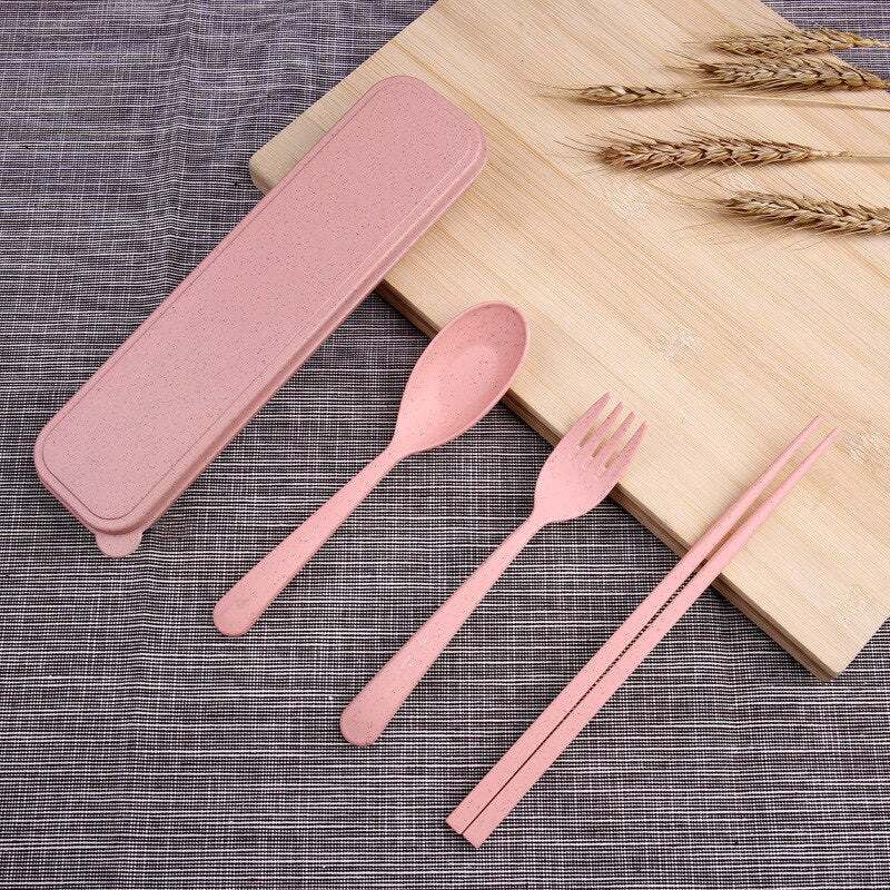 High Quality Environmentally Friendly New 1 Set Of Reusable Spoon Fork Travel Chopsticks Wheat Straw Dinnerware Cutlery - ebowsos