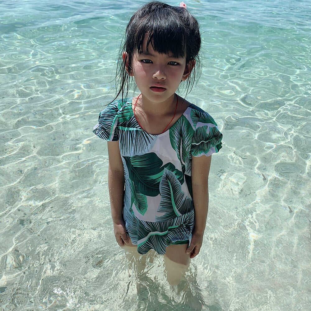 2019 Toddler 8-12T Kids Girl Swimsuit One Piece Bathing Suits Child Swimwear Wrap Leaves Print Children Beachwear - ebowsos