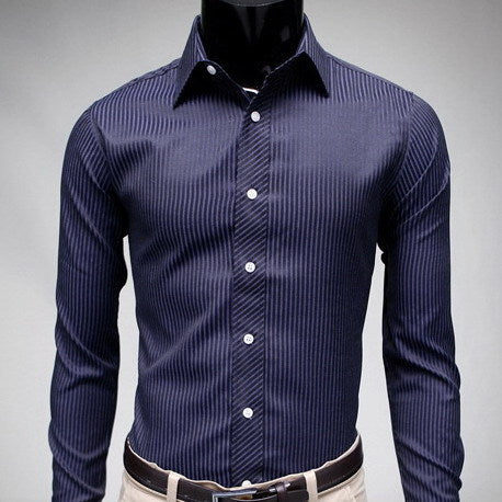 Men Casual Slim Fit Classic Stripes Shirts Long Sleeve Camisa Shirt - ebowsos