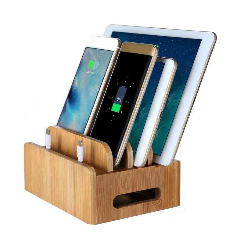 Multifunction Bamboo Mobile Phone Holder Cords Organizer Stand Charging Station For iPhone For Samsung Phone/Tablet Universal - ebowsos