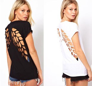New summer hot fashion angel wings back laser hallow out cotton short sleeve tees tops t-shirts for women - ebowsos