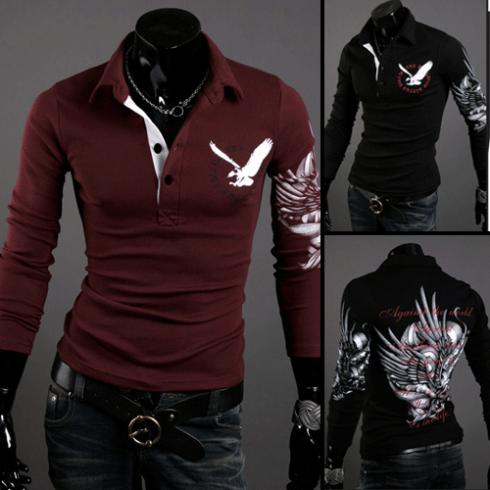 Spring and Autumn Men's Cotton Blend Eagle Embroidered Slim Long Sleeved Pullovers Shirt - ebowsos