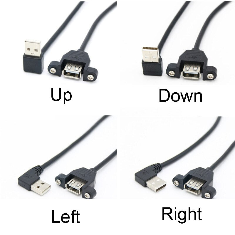 USB 2.0 Extension Cable Male to Female With Screw Panel Mount 28+28AWG 30cm 90degree Right Left Up Down - ebowsos
