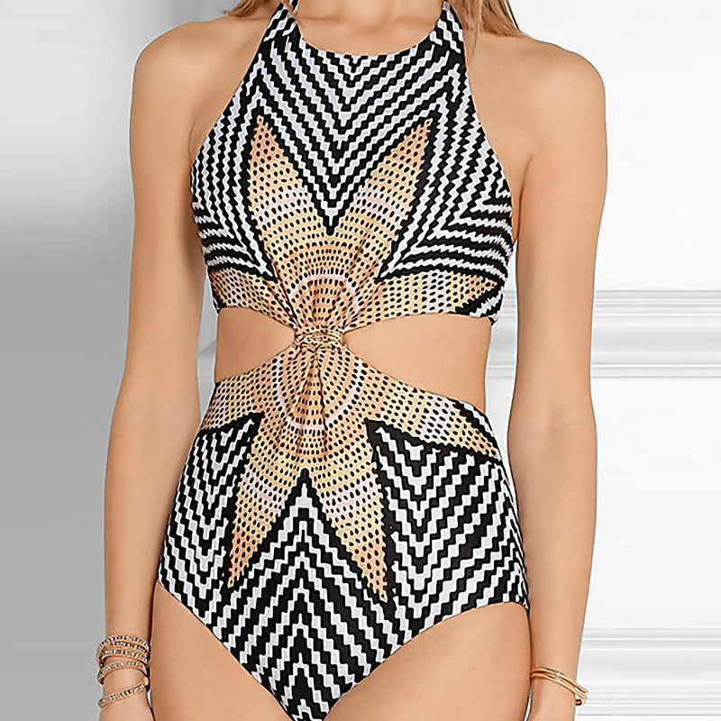 New Arrival Placement Print Hollow Sexy Mayokini Swimwear Female One Piece Bathing Suits Women Monokini Ladies Swimsuit - ebowsos