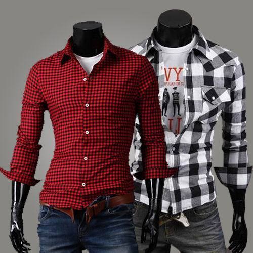 Men's Small/Big Red/Black Plaid Shirts Casual Slim Fit Dress Long Sleeve Shirt - ebowsos