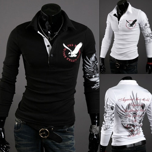 Spring and Autumn Men's Cotton Blend Eagle Embroidered Slim Long Sleeved Pullovers Shirt - ebowsos