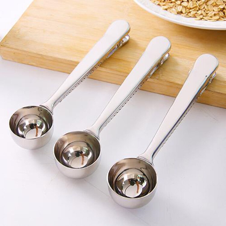Coffee Measuring Spoon With Clip Stainless Steel Food Bag Sealing Clip Kitchen Tools Tea Milk Powder Spoons - ebowsos