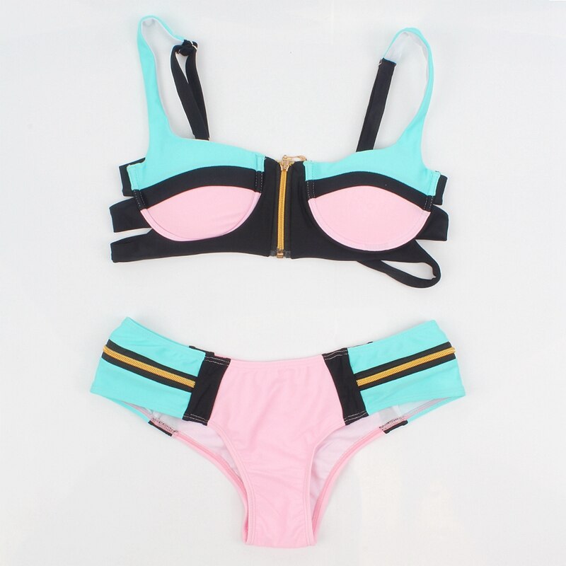 Most Popular Hot Sales Patchwork With Zipper Women's Bikini Underwire Push Up Cup Bandage Swimwear DK001 - ebowsos