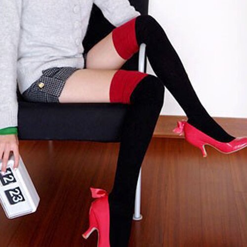 New Over The Knee Socks WOMEN 2 Tone/Color Thigh High Cotton Stockings Thinner - ebowsos