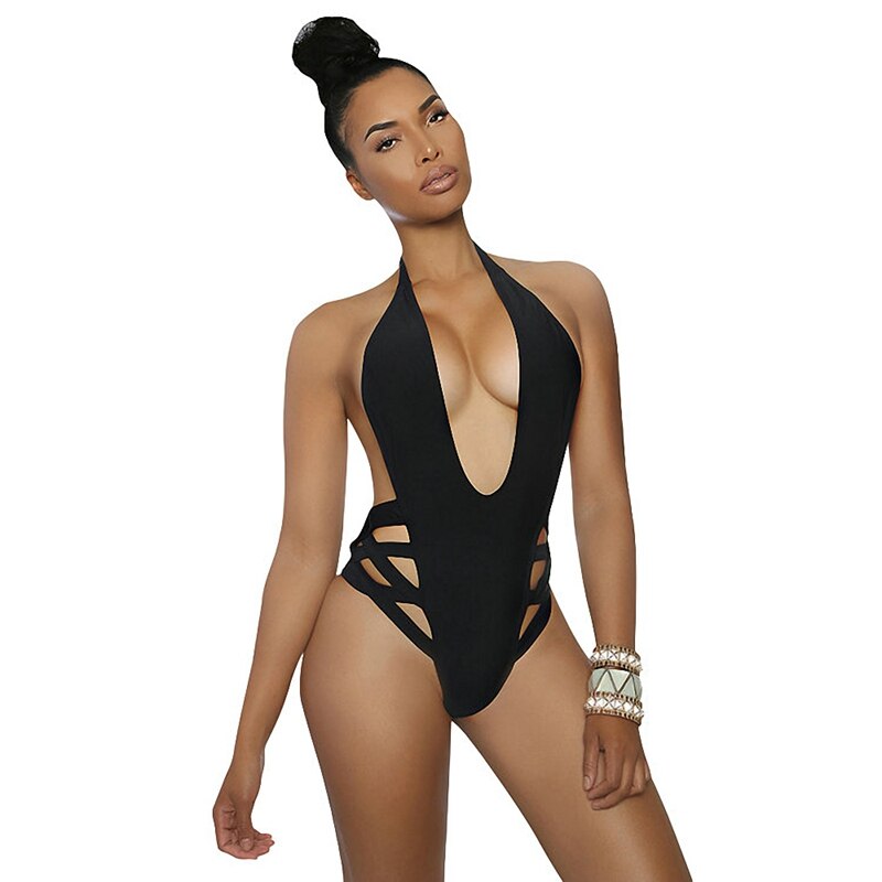 Black Women Sexy Monokini Thong Bodysuit Low V-neck Sex Swimwear One Piece Spider-web Bandage Swimsuit Bathing Suits - ebowsos