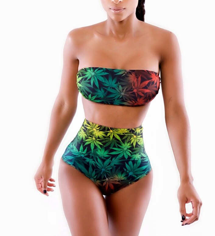 New Arrival Hot Women Green Leaves Printing Padded Bikini Set Sexy Swimsuit Ladies Beach Bathing Suit swimwear - ebowsos