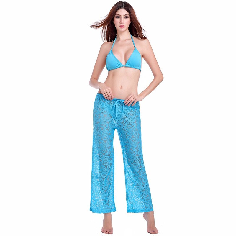 Nosebleedy 2019 Loose Pattern Beach Wear Pants Adjustable Tie Mature Women Sexy Lady Long Lace Pant - ebowsos