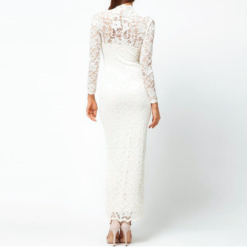 New Fashion Ladies' V-Neck Long Sleeve Maxi Dress Scallop Neck Lace Women Wedding Evening Dress,3 colors - ebowsos