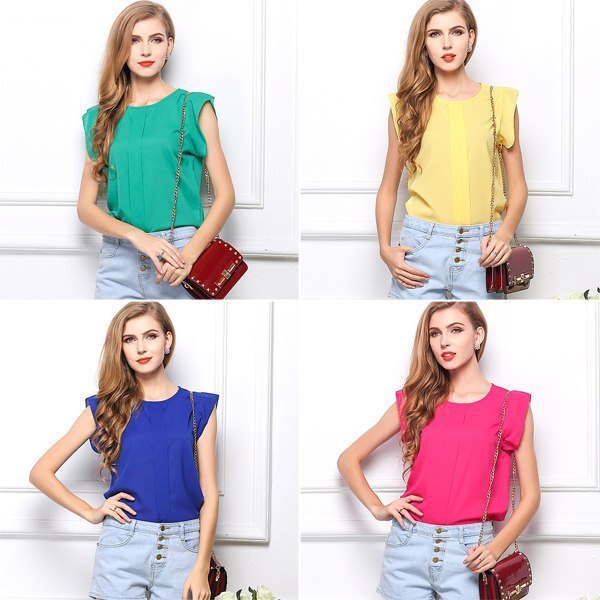 New Fashion Summer Casual Women Crew Neck Solid t-shirt Vintage Chiffon T Shirt - ebowsos
