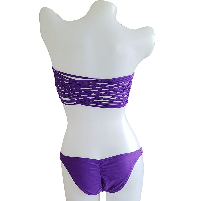 Net Back Bikini Set Bandeau Top Scrunch Butt Swimwear Sexy Cutting Tiny Bikini Swimming Suit Women Crochet Purple Bikini - ebowsos