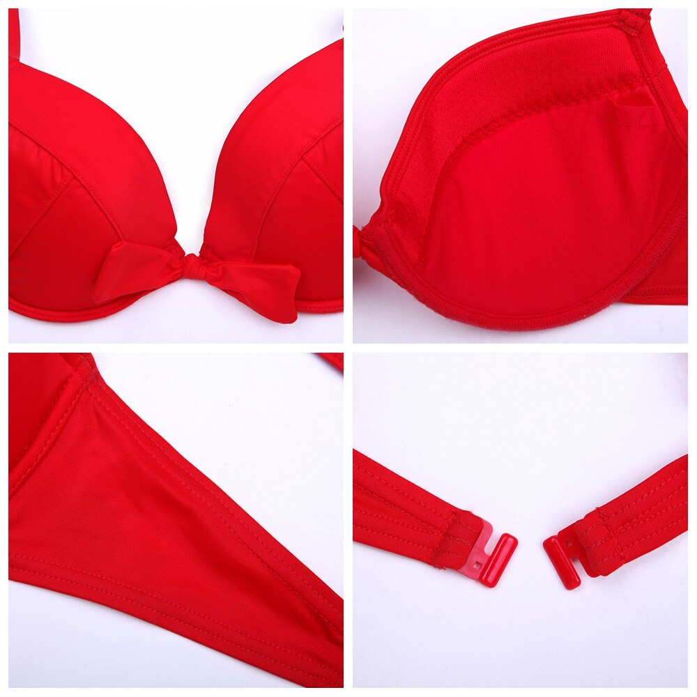Hot Wholesale Bowknot Red Bikini Set Underwire Bra Beachwear Push Up Swimwear Adjustable Tie Two-Pieces Swimsuit Drop Shipping - ebowsos