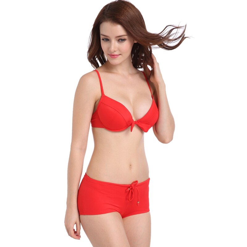 Hot Wholesale Bowknot Red Bikini Set Underwire Bra Beachwear Push Up Swimwear Adjustable Tie Two-Pieces Swimsuit Drop Shipping - ebowsos
