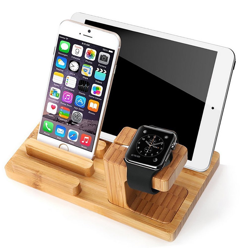 Mobile Phone Desktop Holder Stand for iPad Tablet Bracket Real Bamboo wood Charging Stand for Apple Watch Pad Phone Tablet - ebowsos
