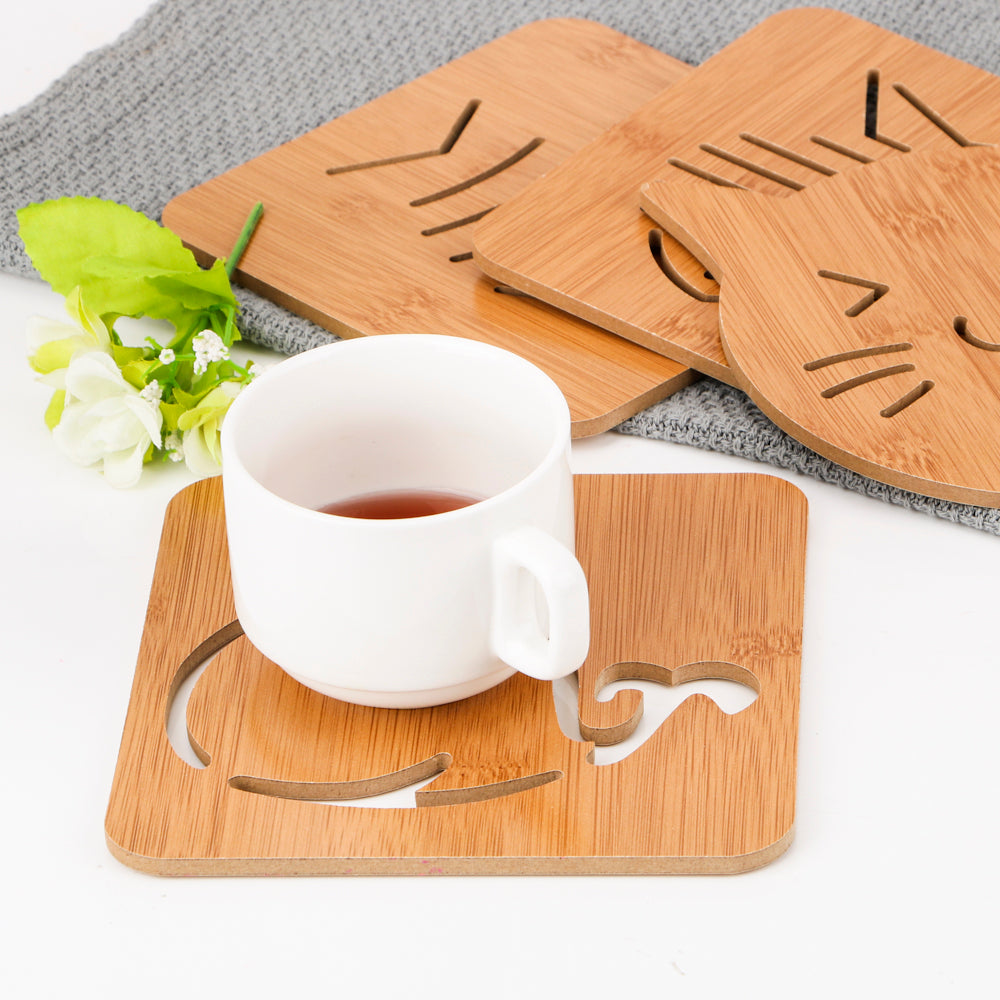 Cute Cat Fish Cup Pad Tea Coffee Cup Mat Hollow Out Wooden Carved Coasters Bowl Pad Placemat Kitchen Accessories - ebowsos