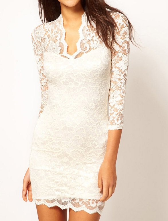 New Ladies' Sexy 3/4 Sleeve Flower Scalloped Neck Middle Women's party evening elegant Mini Lace Dress - ebowsos