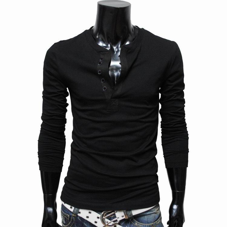 Spring and Autumn Men's Lycra Cotton Casual Slim Long Sleeved Single-breasted Round Neck Pullovers Bottoming Shirt T-shirts - ebowsos