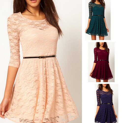 3 Colour 3 Size,Fashion Women's Sexy Spoon Neck 3/4 Sleeve Lace Sakter Dress Belt Included Hot Sale - ebowsos