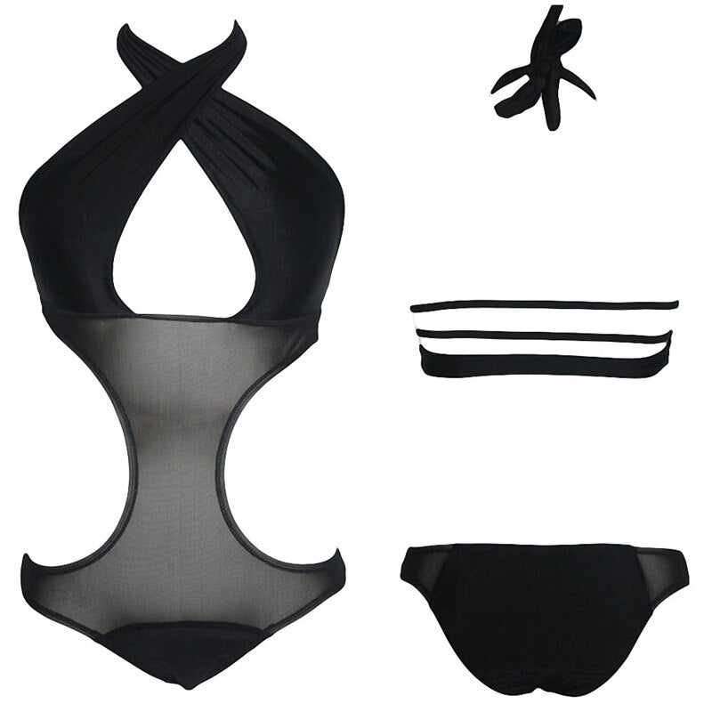 European American Female Swimwear One Piece Sexy Acrossing Monokini Swimsuit Black Mesh Trikini Women Bathing Suits - ebowsos