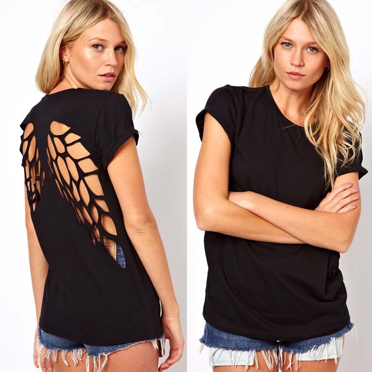 New summer hot fashion angel wings back laser hallow out cotton short sleeve tees tops t-shirts for women - ebowsos